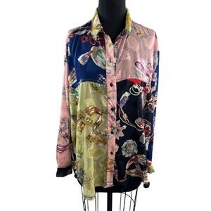 VINTAGE Sebatu Multicolor Blouse Printed Collared Drop Shoulder Button-Up 1 Size